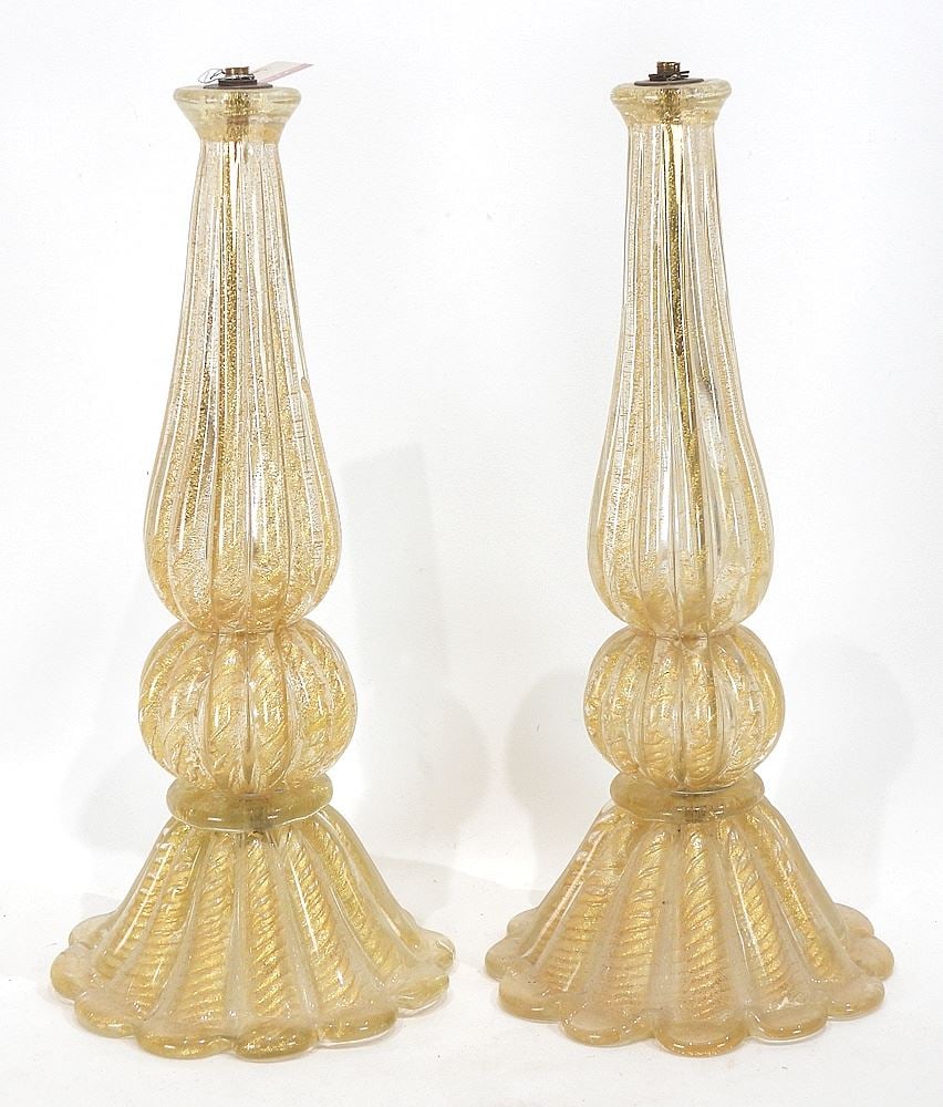 Pair of Barovier & Toso Style Gold Aventurine Murano Glass Lamp Bases, 15 1/2"h. (1 of 2)