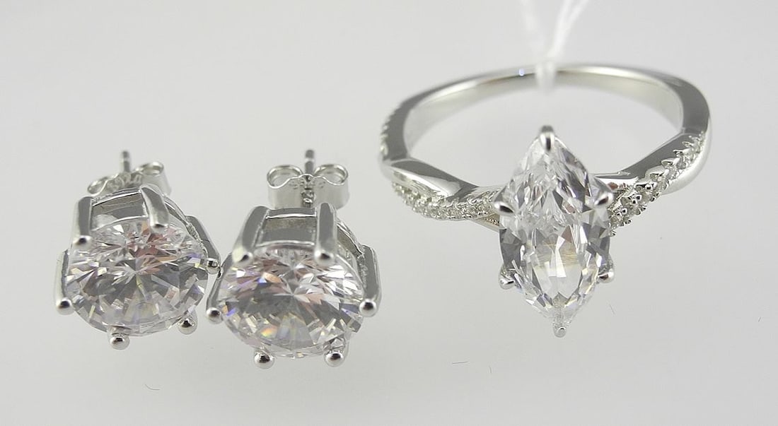 CZ Marquise Cut Twist Ring (size 8) & Earrings Mounted in Sterling with White Gold Overlay.: CZ Marquise Cut Twist Ring (size 8) & Earrings Mounted in Sterling with White Gold Overlay.