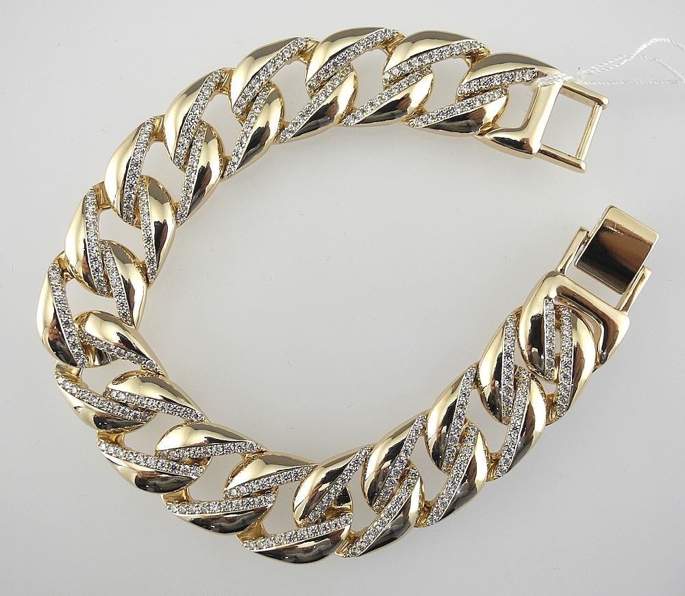 18K Gold Plated Iced Out Cuban Link Bracelet, 8"L.: 18K Gold Plated Iced Out Cuban Link Bracelet, 8"L.