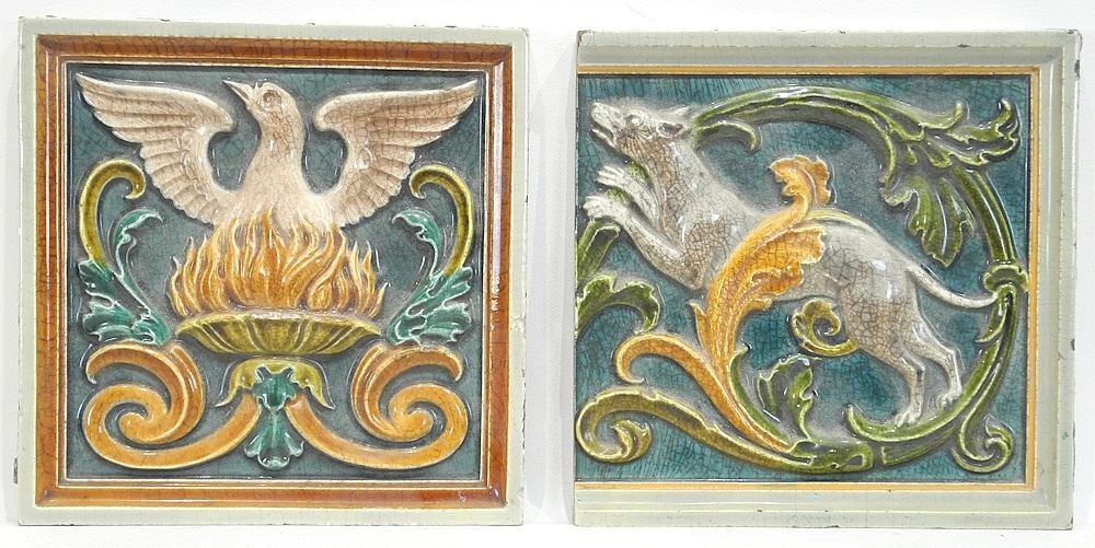 Two Maw & Co. Tiles C.1880, 8 x 8" (as found/chipping noted).: Two Maw & Co. Tiles C.1880, 8 x 8" (as found/chipping noted).