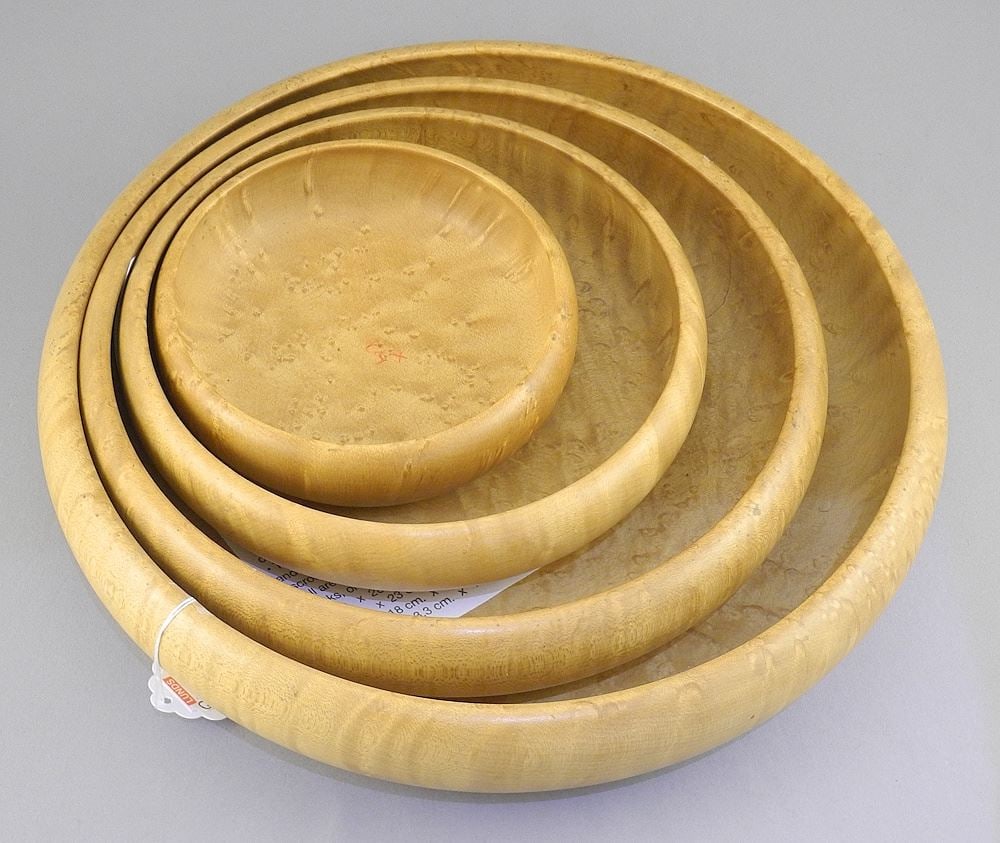 Four Birdseye Maple Nesting Bowls signed A. (Raymond Arthur) 5 1/4 - 11" Diameter.: Four Birdseye Maple Nesting Bowls signed A. (Raymond Arthur) 5 1/4 - 11" Diameter.