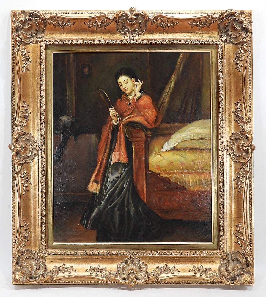 Chinese School Oil on Canvas, 24 x 20", "Young Woman Admiring Herself".: Chinese School Oil on Canvas, 24 x 20", "Young Woman Admiring Herself".