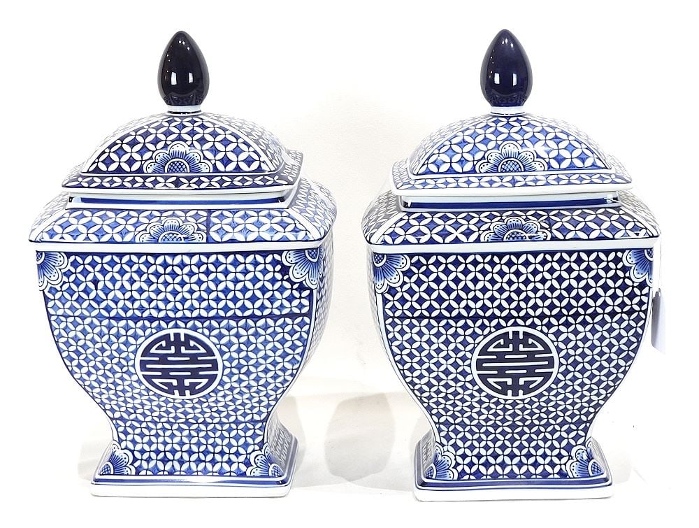 Pair of Bombay Co. Blue & White Porcelain Covered Vases, 13 1/2"h.: Pair of Bombay Co. Blue & White Porcelain Covered Vases, 13 1/2"h.