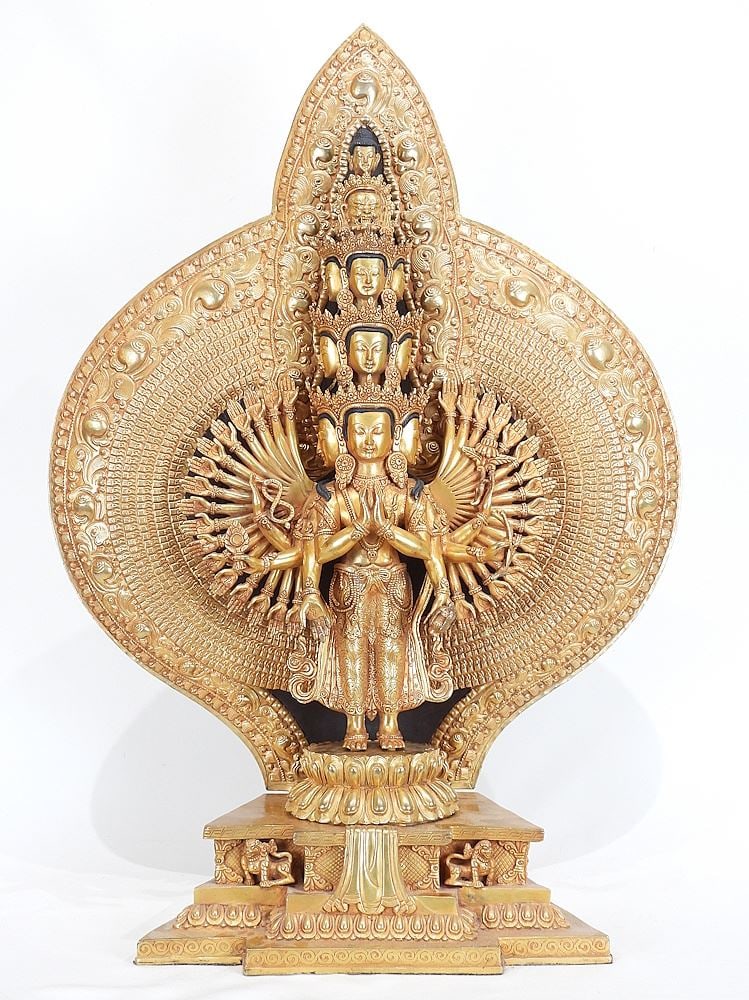 Sino-Tibetan Gilt Metal Shrine Sculpture "Avalokitesvara".: Sino-Tibetan Gilt Metal Shrine Sculpture "Avalokitesvara".