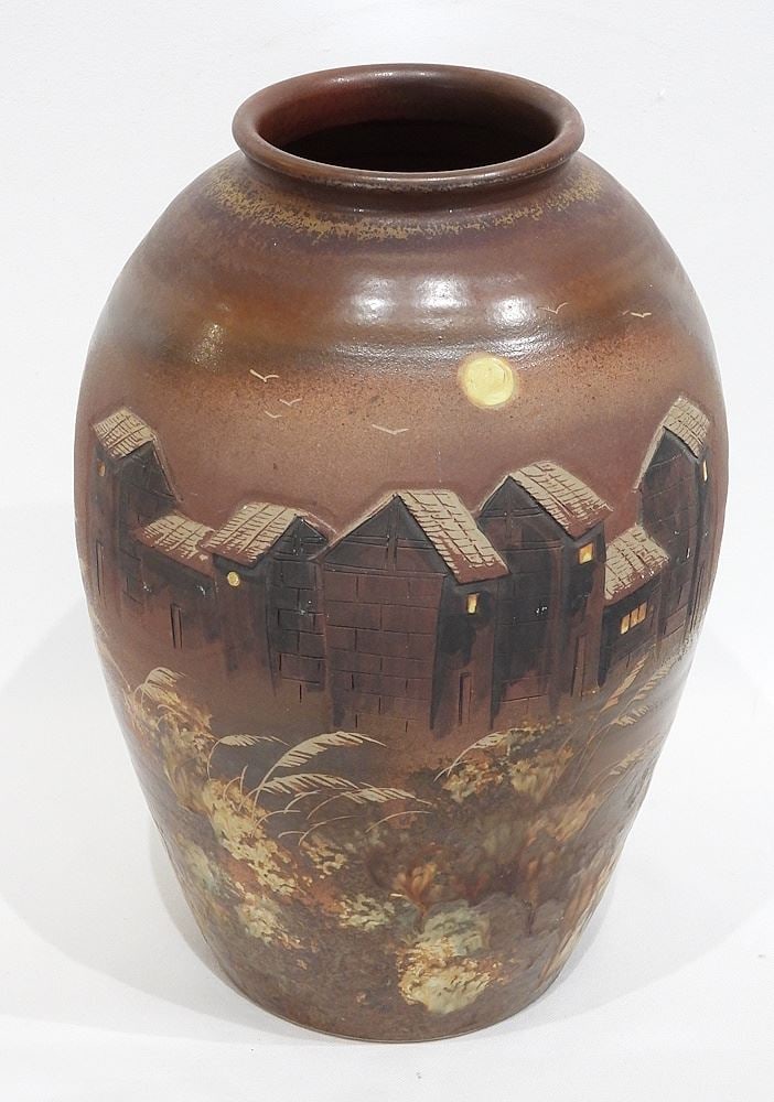 Japanese Stoneware Landscape Vase with Impressed Mark, 13 7/8"h.: Japanese Stoneware Landscape Vase with Impressed Mark, 13 7/8"h.