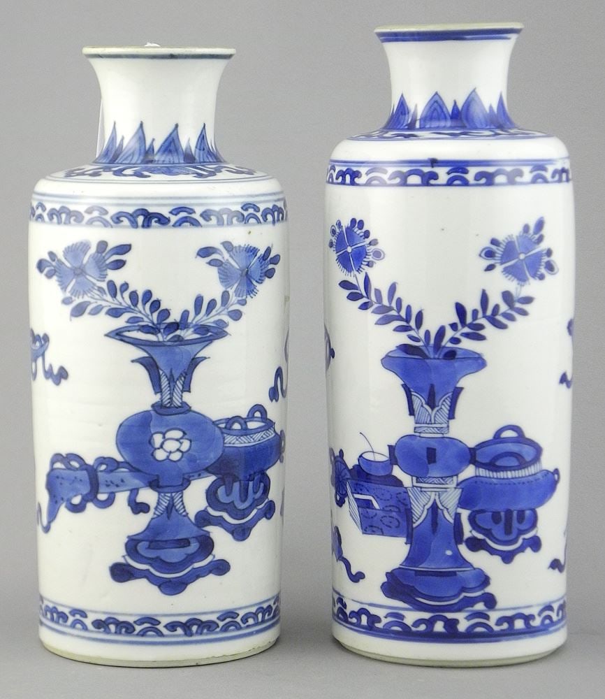 Pair of Chinese Kangxi Porcelain Rouleau Vases, 7 1/8"h.: Pair of Chinese Kangxi Porcelain Rouleau Vases, 7 1/8"h.