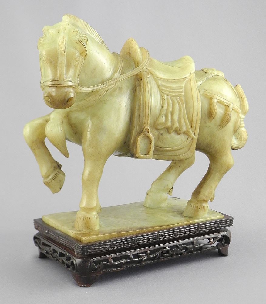 Chinese Softstone Horse Carving (6 3/4 x 7 1/2 x 3 3/8") on Stand.: Chinese Softstone Horse Carving (6 3/4 x 7 1/2 x 3 3/8") on Stand.