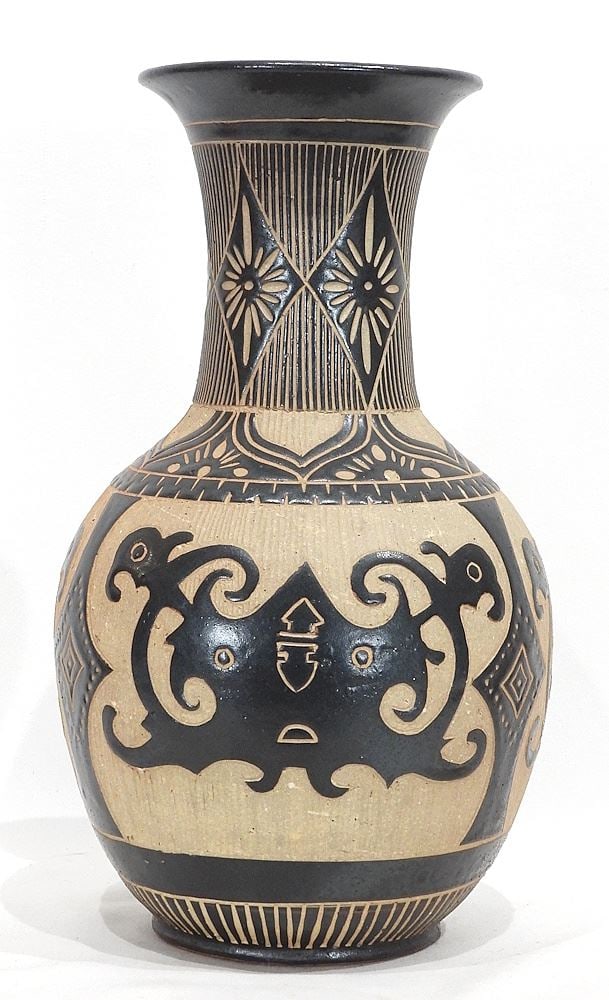 Soon Lee Pottery Vase with Sgraffito & Raised Decoration signed Lim Chui Leng, 12 7/8"h.: Soon Lee Pottery Vase with Sgraffito & Raised Decoration signed Lim Chui Leng, 12 7/8"h.
