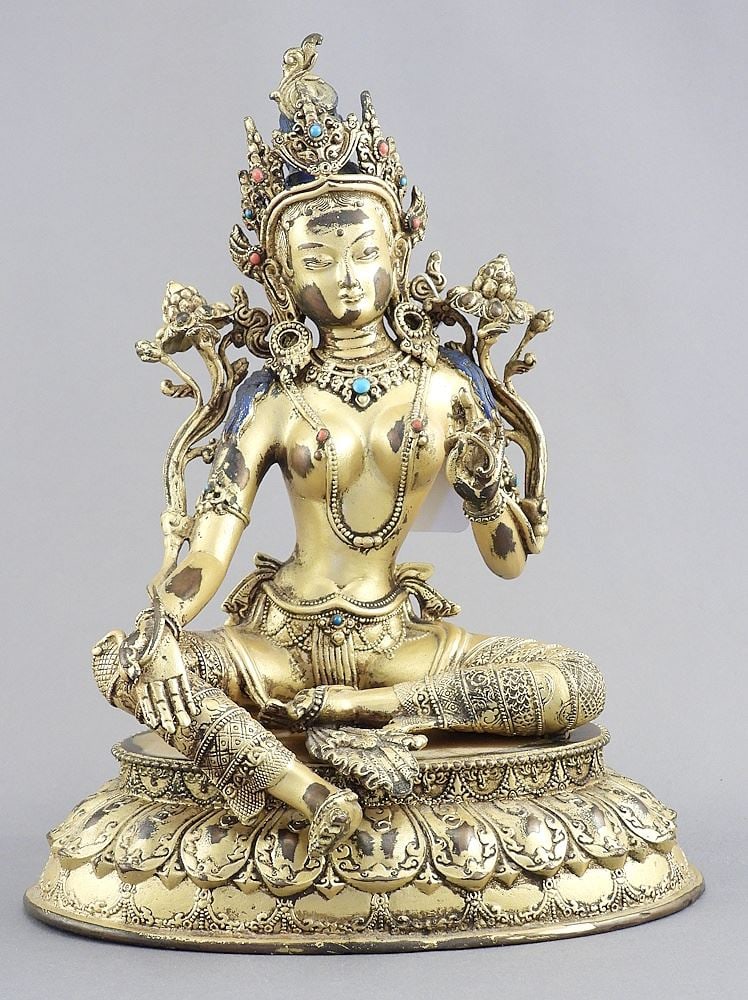 Tibetan Gilt Metal Figure of Green Tara, 8 7/8"h.: Tibetan Gilt Metal Figure of Green Tara, 8 7/8"h.