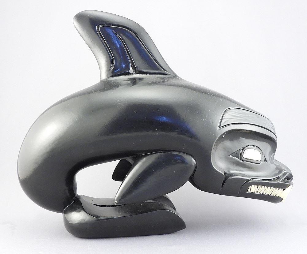 Northwest Coast Carving signed Derek Heaton, 13 1/2"L, "Killer Whale".: Northwest Coast Carving signed Derek Heaton, 13 1/2"L, "Killer Whale".