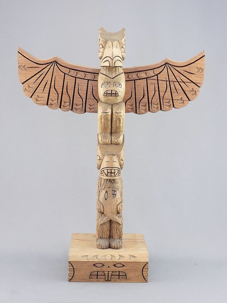 Haida Model Totem Pole signed (Mike) Curtis, 13 3/4"h.: Haida Model Totem Pole signed (Mike) Curtis, 13 3/4"h.