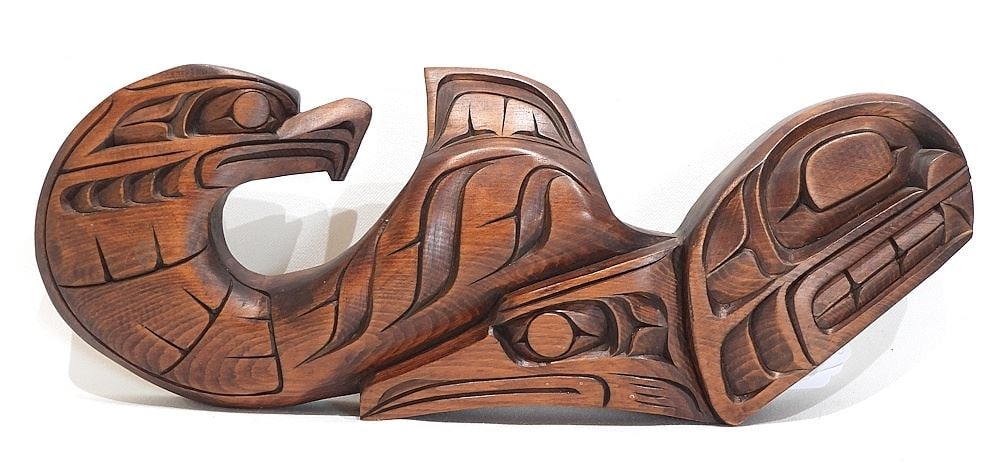 Coast Salish Panel Carving signed Solomon Seward 15 1/4"w "Raven/Eagle /Killer Whale.: Coast Salish Panel Carving signed Solomon Seward 15 1/4"w "Raven/Eagle /Killer Whale.