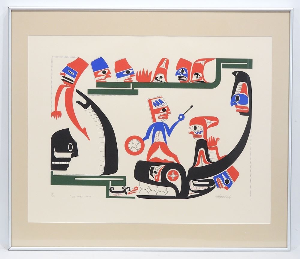 Nuu-Chah-Nulth Serigraph signed A. (Art) Thompson 12/78, 18 1/2 x 24" "Clo-oose Vision" #7/125.: Nuu-Chah-Nulth Serigraph signed A. (Art) Thompson 12/78, 18 1/2 x 24" "Clo-oose Vision" #7/125.