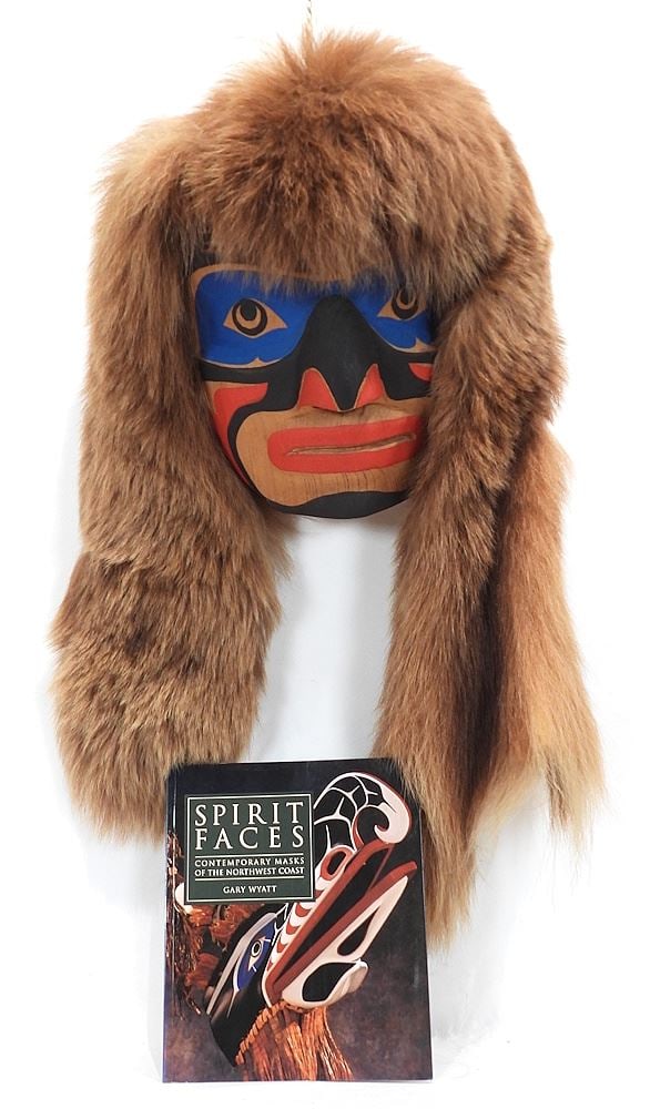 Kwagiulth Cedar "Speaker" Mask signed Carl Simeon '91 w/ Bear Fur CDN BIDDERS ONLY.: Kwagiulth Cedar "Speaker" Mask signed Carl Simeon '91 w/ Bear Fur CDN BIDDERS ONLY.