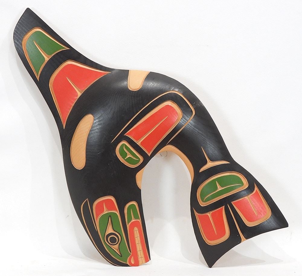 Squamish Native Plaque signed Matthew Baker, 19 1/2"h, "Orca".: Squamish Native Plaque signed Matthew Baker, 19 1/2"h, "Orca".