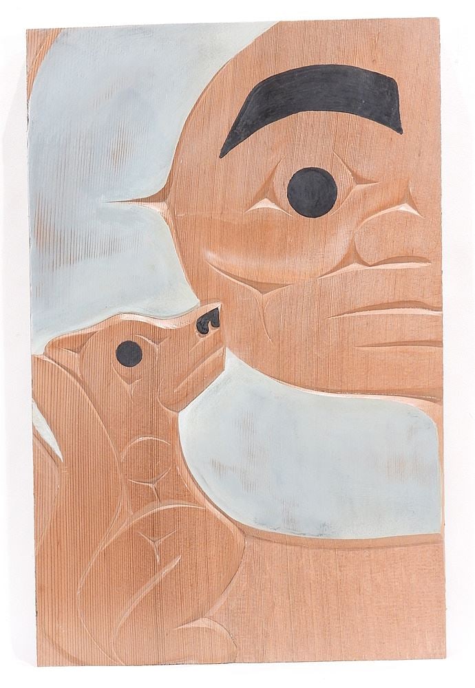 Songhees Native Panel Carving signed Clay Albany, 19 1/8 x 12 1/4" "Wolf Moon Design".: Songhees Native Panel Carving signed Clay Albany, 19 1/8 x 12 1/4" "Wolf Moon Design".