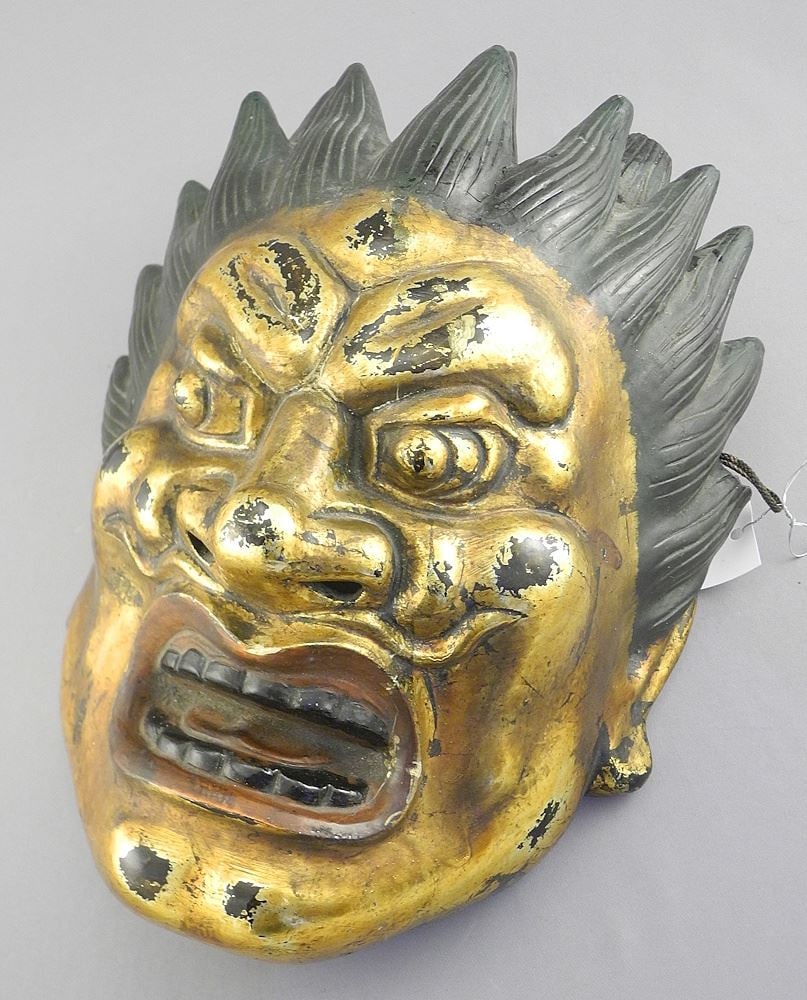 Japanese Oni Noh Mask, 13"h (2 hair points noted).: Japanese Oni Noh Mask, 13"h (2 hair points noted).