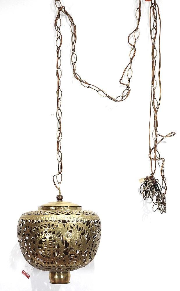 Chinese Reticulated Brass Swag Lamp, 12" Diameter.: Chinese Reticulated Brass Swag Lamp, 12" Diameter.