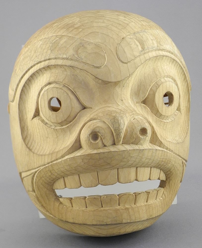 Northwest Coast Style "Human" Mask signed Paul Johnny, 8"h.: Northwest Coast Style "Human" Mask signed Paul Johnny, 8"h.