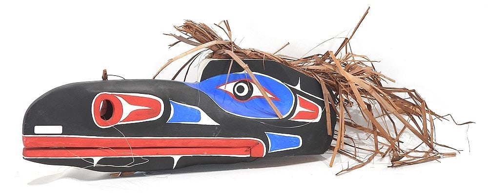 Kwagiulth Articulated Painted Cedar Hok Hok Mask, Unsigned, 22 7/8"L.: Kwagiulth Articulated Painted Cedar Hok Hok Mask, Unsigned, 22 7/8"L.