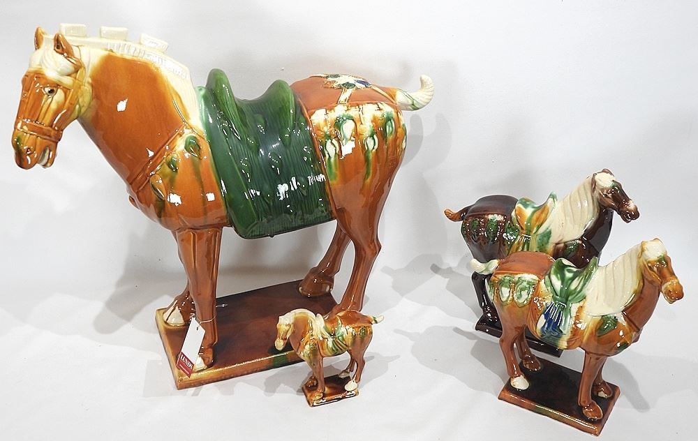 Collection of Tang Style Sancai Pottery Horses, 6-19 1/2"h. -: Collection of Tang Style Sancai Pottery Horses, 6-19 1/2"h. -