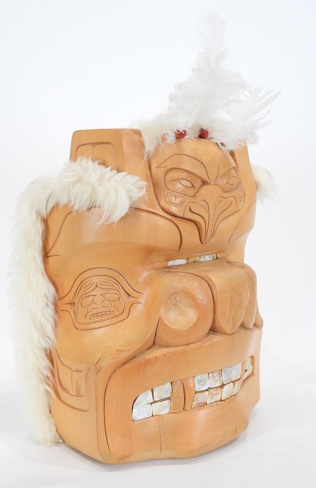 Northwest Coast Mask signed Derek Heaton, 13 1/2 x 10 1/2 x 5 1/4" "Bear Mother..." (feathers: Northwest Coast Mask signed Derek Heaton, 13 1/2 x 10 1/2 x 5 1/4" "Bear Mother..." (feathers