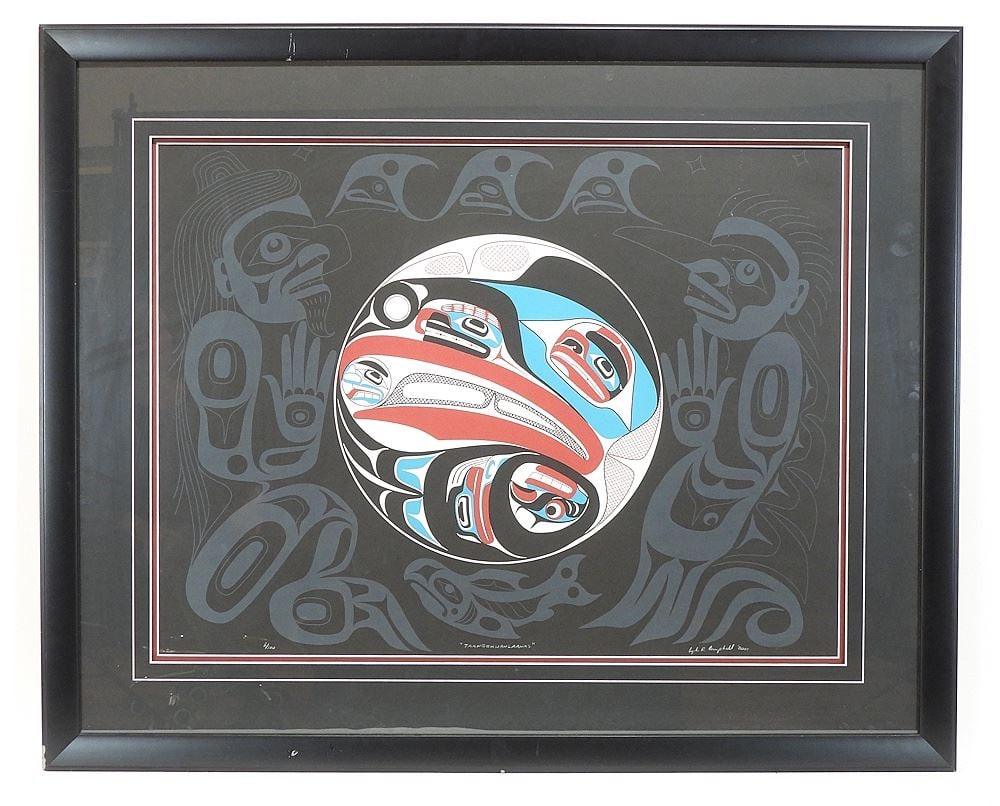 Haida Serigraph signed L. (Lyle) R. Campbell 2001, 20 1/2 x 28 1/2" "Taangghwanlaanas" #6/100.: Haida Serigraph signed L. (Lyle) R. Campbell 2001, 20 1/2 x 28 1/2" "Taangghwanlaanas" #6/100.