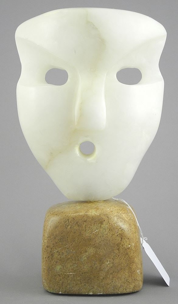 Metis Stone Sculpture signed (Vance) Theoret'95, "Mask on Stand".: Metis Stone Sculpture signed (Vance) Theoret'95, "Mask on Stand".