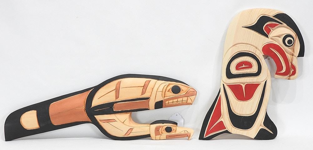 Two Northwest Coast Carvings: S. Robertson Kwakiutl Eagle/C. George Heiltsuk "Killer Whale".: Two Northwest Coast Carvings: S. Robertson Kwakiutl Eagle/C. George Heiltsuk "Killer Whale".