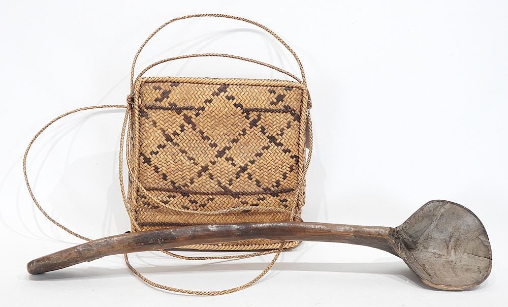 Primitive Carved Wood Spoon (20 3/4" L) & Philippine Pasiking Bag, 8 1/4" h.: Primitive Carved Wood Spoon (20 3/4" L) & Philippine Pasiking Bag, 8 1/4" h.