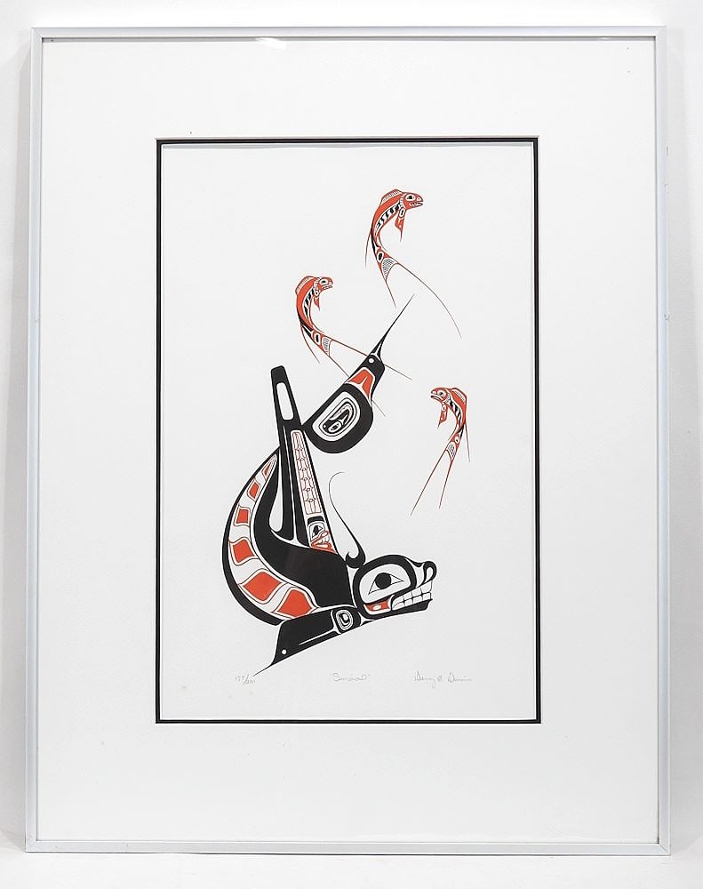 Gitskan Serigraph signed Danny M. Dennis, 18 1/4 x 11 3/4" "Survival" #155/200.: Gitskan Serigraph signed Danny M. Dennis, 18 1/4 x 11 3/4" "Survival" #155/200.