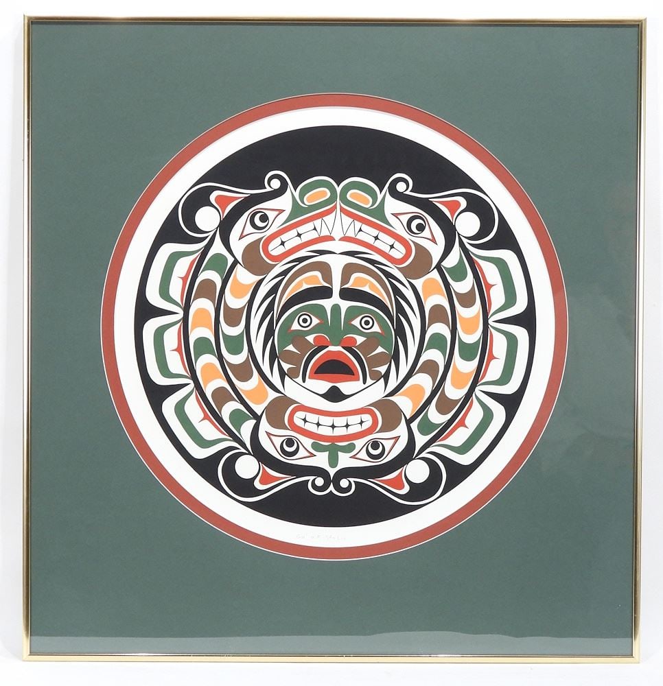 Kwagiulth Serigraph by Beau Dicks (unsigned), 16 1/4" Diameter, "GA AK Stolis".: Kwagiulth Serigraph by Beau Dicks (unsigned), 16 1/4" Diameter, "GA AK Stolis".