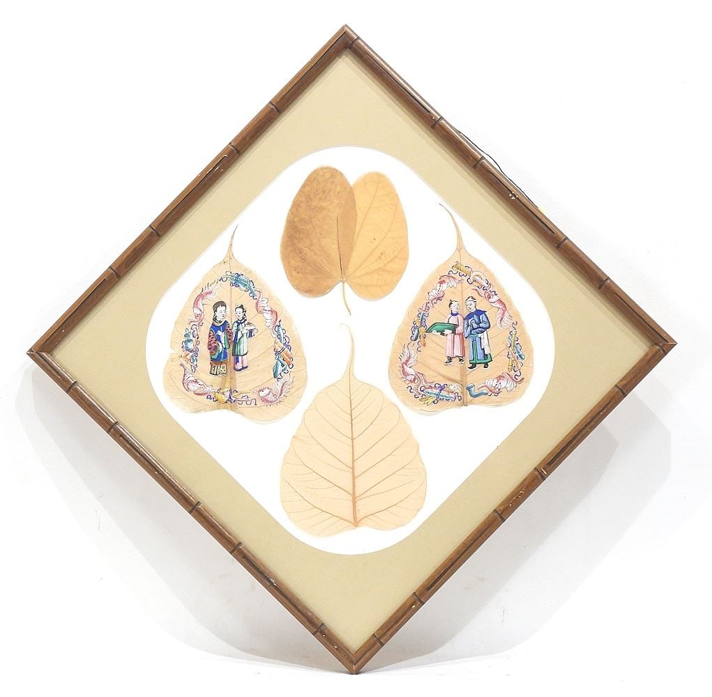 Two Mid 19th C. Chinese Peepal Leaf Paintings, Leaves 6 3/4"h.: Two Mid 19th C. Chinese Peepal Leaf Paintings, Leaves 6 3/4"h.