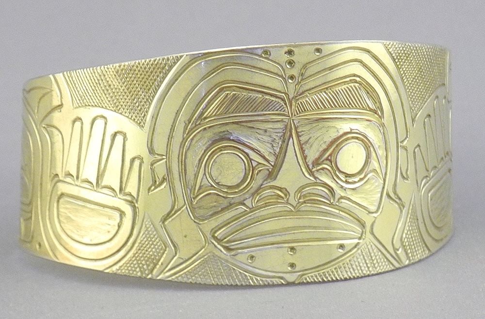 Northwest Coast Gold Plated Metal Bracelet Monogrammed RG/96, 1 1/2"h.: Northwest Coast Gold Plated Metal Bracelet Monogrammed RG/96, 1 1/2"h.