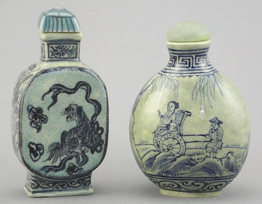 Two Chinese Porcelain Snuff Bottles, Four Character Marks, 2 7/8 & 3 1/4": Two Chinese Porcelain Snuff Bottles, Four Character Marks, 2 7/8 & 3 1/4"