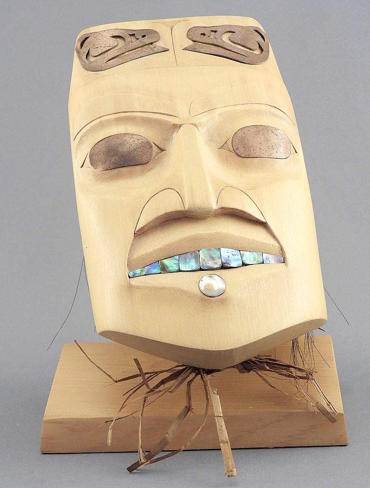 Haida Cedar Copper & Abalone Mask Carving signed Desmond Bowker, 7 3/4 " "Bear Mother".: Haida Cedar Copper & Abalone Mask Carving signed Desmond Bowker, 7 3/4 " "Bear Mother".