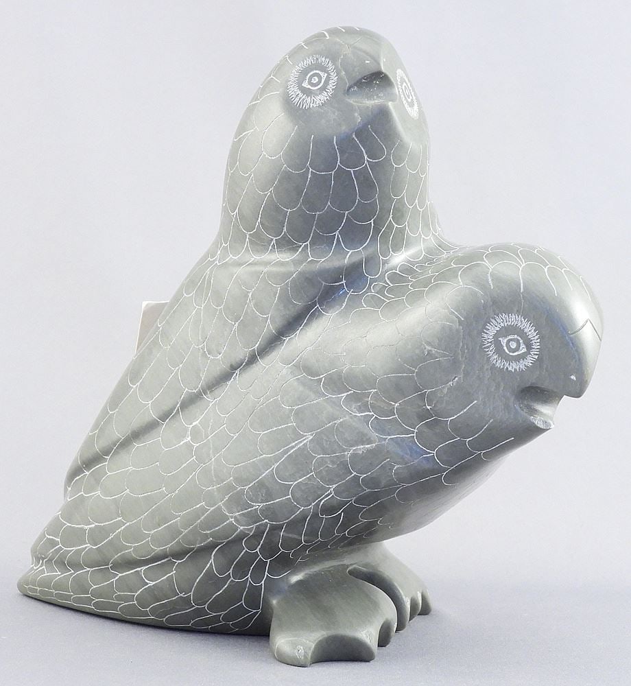 Inuit Stone Sculpture signed Charlie Eyaituk, 6 3/4"h "Owl Couple" with Tag.: Inuit Stone Sculpture signed Charlie Eyaituk, 6 3/4"h "Owl Couple" with Tag.