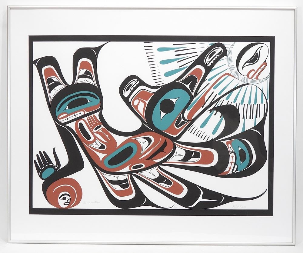 Northwest Coast Serigraph signed Helen Reece, 21 1/4 x 29" "Raven & Sun" #87/125.: Northwest Coast Serigraph signed Helen Reece, 21 1/4 x 29" "Raven & Sun" #87/125.