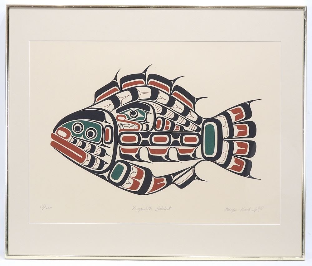 Kwagiulth Serigraph signed George Hunt Jr '80, 16 x 22 1/4" "Kwagiulth Halibut" #10/250.: Kwagiulth Serigraph signed George Hunt Jr '80, 16 x 22 1/4" "Kwagiulth Halibut" #10/250.