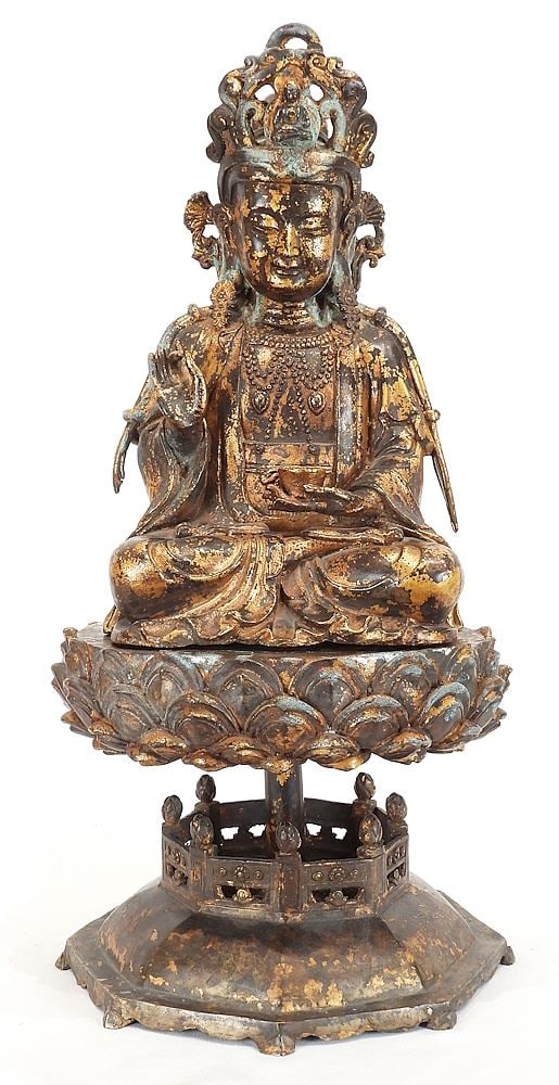 Ming Style Gilt Metal Figure of the Buddha on Stand, 23 1/4"h.: Ming Style Gilt Metal Figure of the Buddha on Stand, 23 1/4"h.