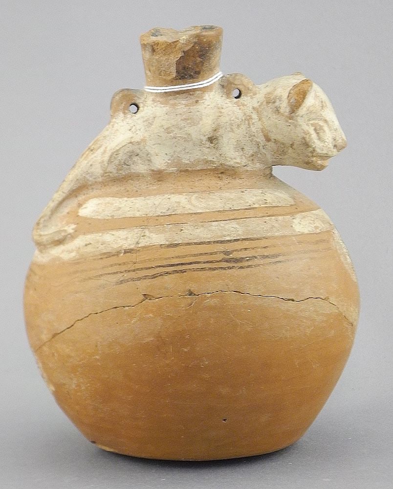 Pre-Columbian Zoomorphic Pottery Vase, 4 5/8"h (restored).: Pre-Columbian Zoomorphic Pottery Vase, 4 5/8"h (restored).