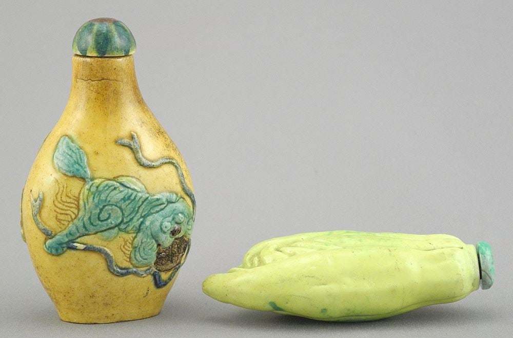 Two Chinese Porcelain Snuff Bottles, Fahua Style & Finger Citron, 2 7/8"h: Two Chinese Porcelain Snuff Bottles, Fahua Style & Finger Citron, 2 7/8"h