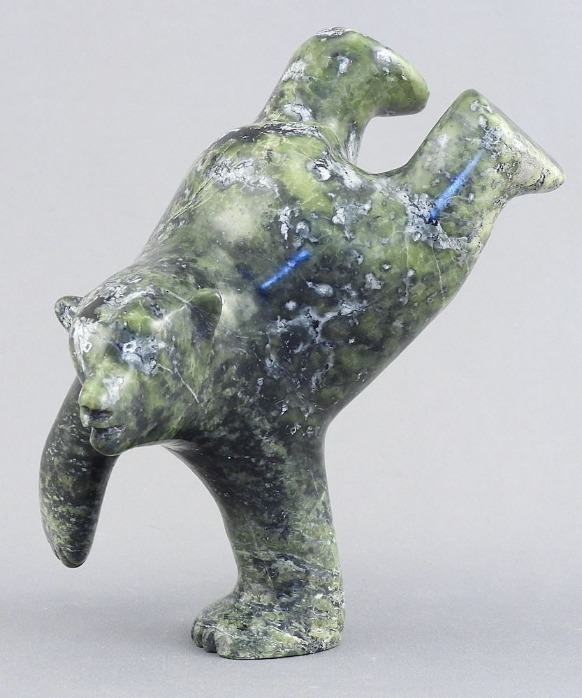 Inuit Stone Sculpture signed with Syllabics Moe Peterloosie, 5"h "Bear Standing on Front Leg".: Inuit Stone Sculpture signed with Syllabics Moe Peterloosie, 5"h "Bear Standing on Front Leg".