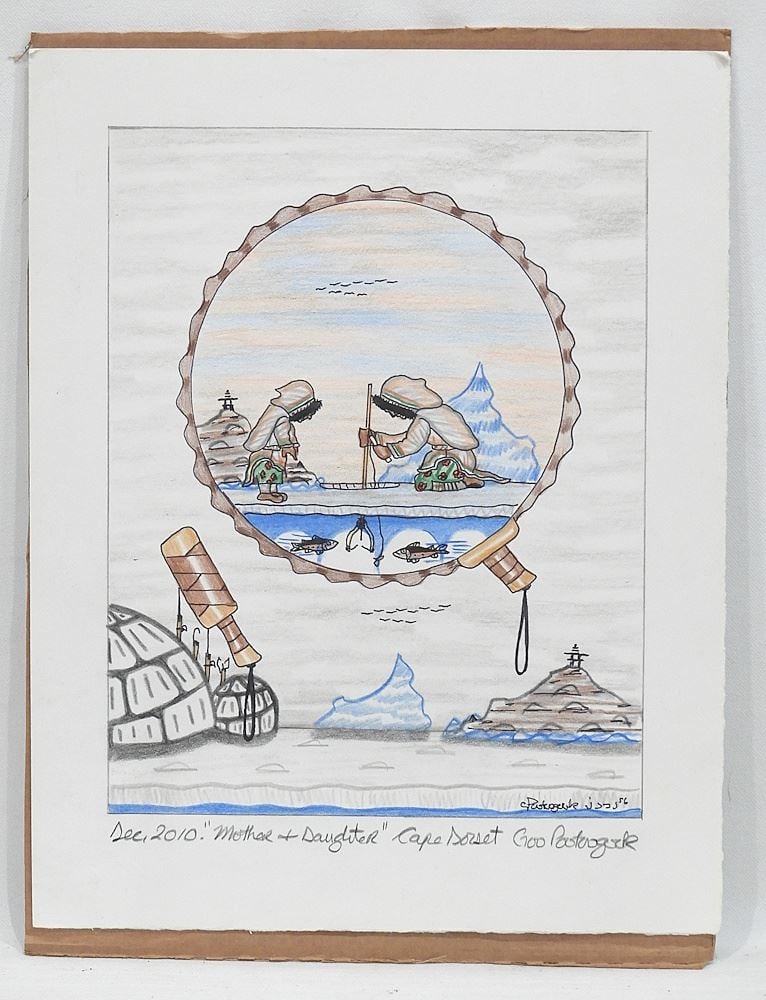 Cape Dorset Mixed Media on Paper signed Goo Pootoogook, Sheet 14 x 11 ", "Mother & Daughter", De: Cape Dorset Mixed Media on Paper signed Goo Pootoogook, Sheet 14 x 11 ", "Mother & Daughter", De