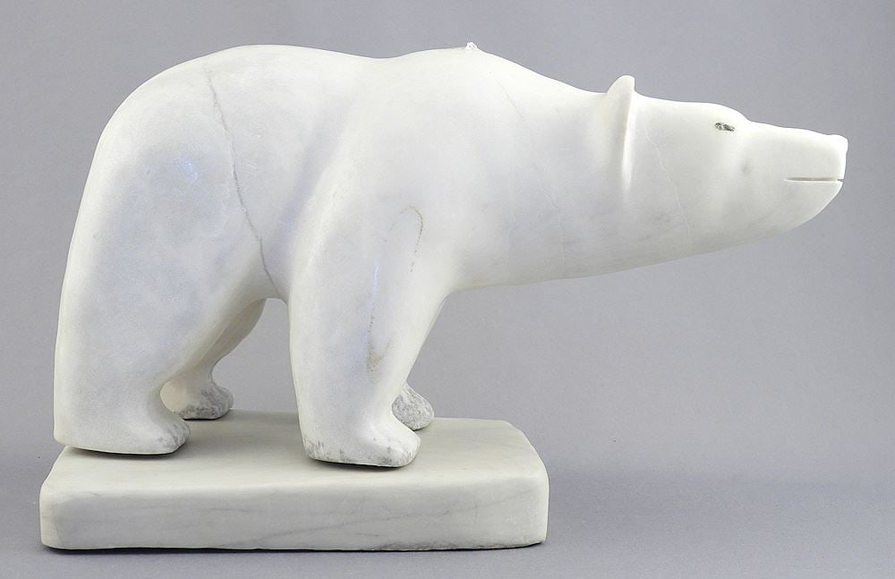 Inuit Stone Sculpture signed David John Novoligak, 6 3/8 x 5 x 11" "Polar Bear on Ice".: Inuit Stone Sculpture signed David John Novoligak, 6 3/8 x 5 x 11" "Polar Bear on Ice".
