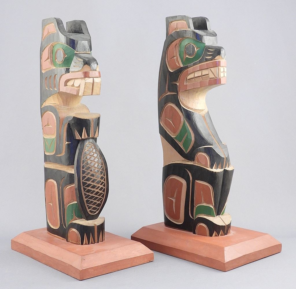 Two Kwagiulth "Bear" & "Beaver" Poles signed Tom Whannock Alert Bay BC.: Two Kwagiulth "Bear" & "Beaver" Poles signed Tom Whannock Alert Bay BC.