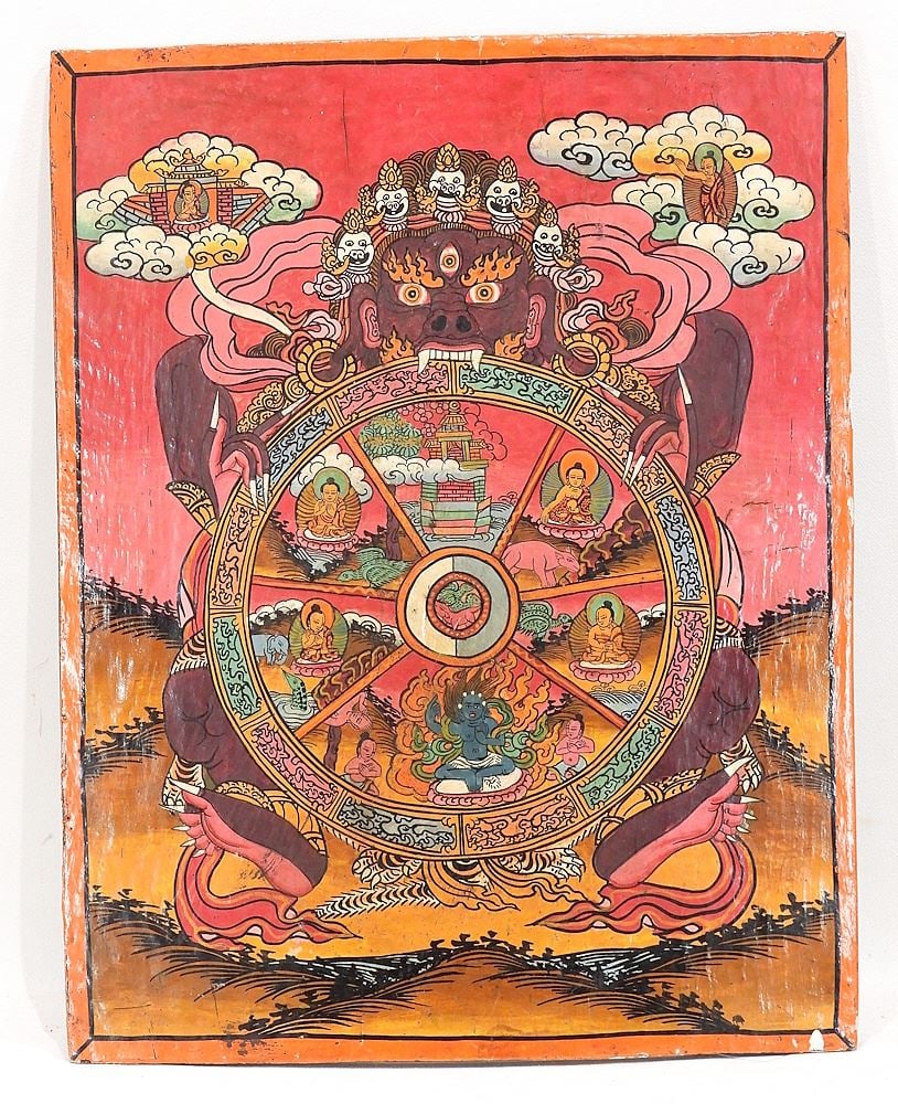 Tibetan Wheel of Life Painting on Wood, 15 x 11 3/4".: Tibetan Wheel of Life Painting on Wood, 15 x 11 3/4".