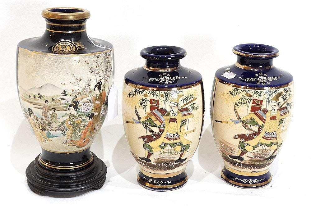 Three Satsuma Vases, 7 1/4 - 8 1/4"h: Three Satsuma Vases, 7 1/4 - 8 1/4"h