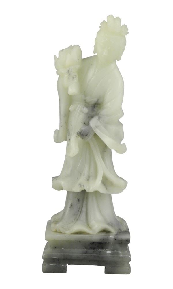 Six Chinese Apple Green Jade Gemstones & Chinese Soapstone Figure , 7 1/8"h.: Six Chinese Apple Green Jade Gemstones & Chinese Soapstone Figure , 7 1/8"h.