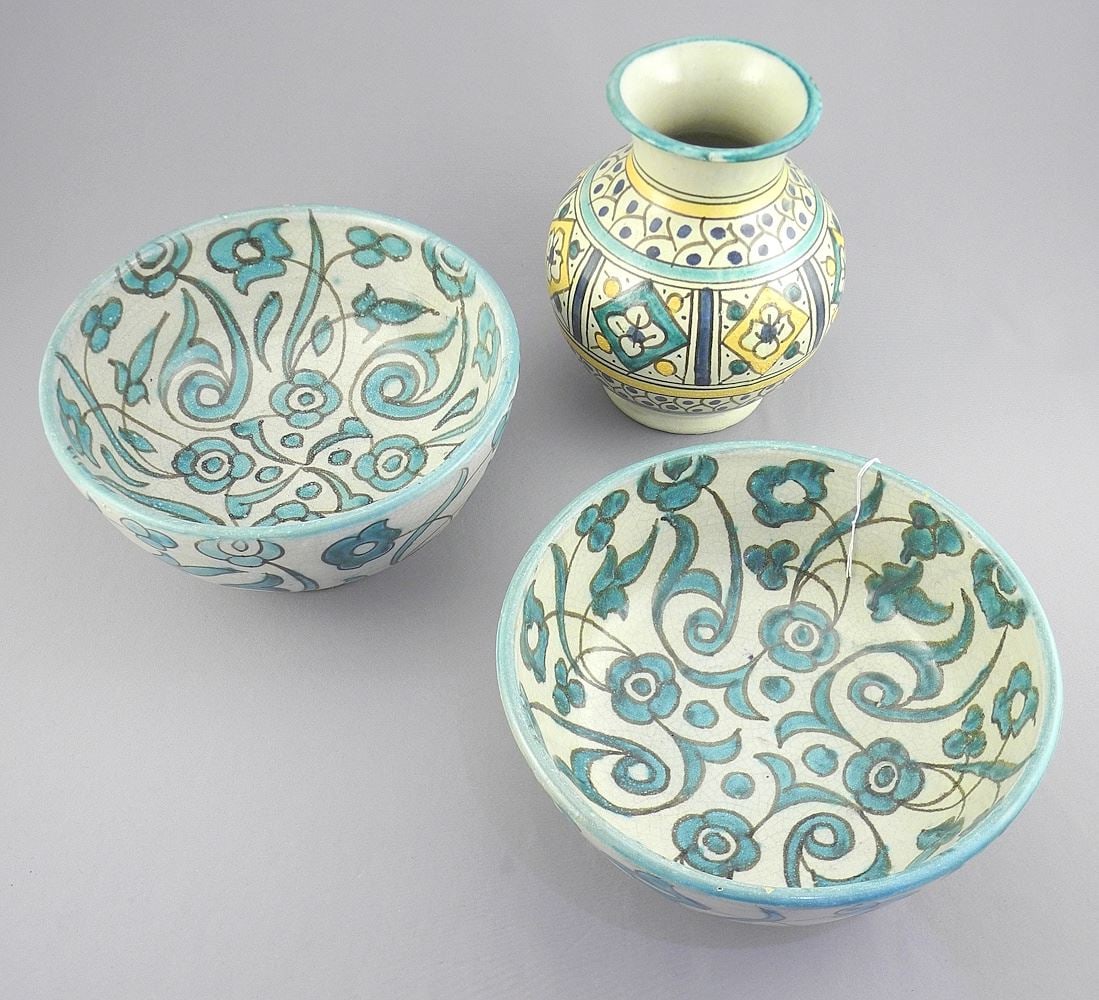 Three Pieces of Moroccan Patterned Pottery Bowls & Vase.: Three Pieces of Moroccan Patterned Pottery Bowls & Vase.